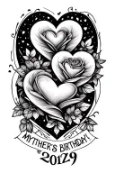 a thicker line below my mother's birthday date or below 4 hearts, one of which is hidden tattoo design idea