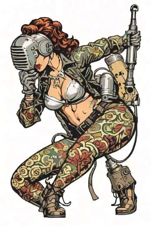 sexy pin up donning welding mask and lingerie, big, round ass, on her knees using torch, she's very fit. not weird look tattoo design idea