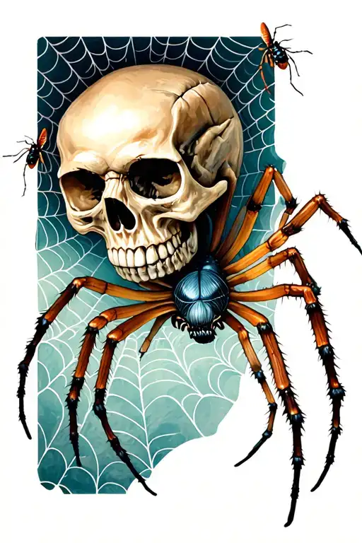 Skull spider in web with bugs tattoo design idea