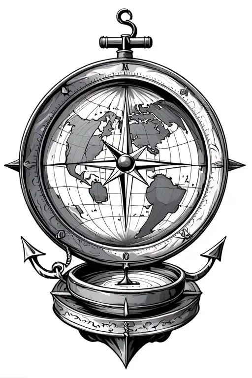 Compass with earth map inside , sailing boat or anchor on the outside tattoo design idea