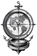 Compass with earth map inside , sailing boat or anchor on the outside tattoo design idea
