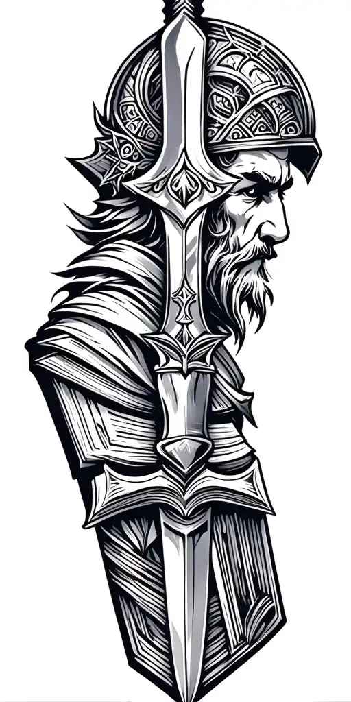warrior, wizard, blacksmith faces with sword, hammer, book tattoo design idea
