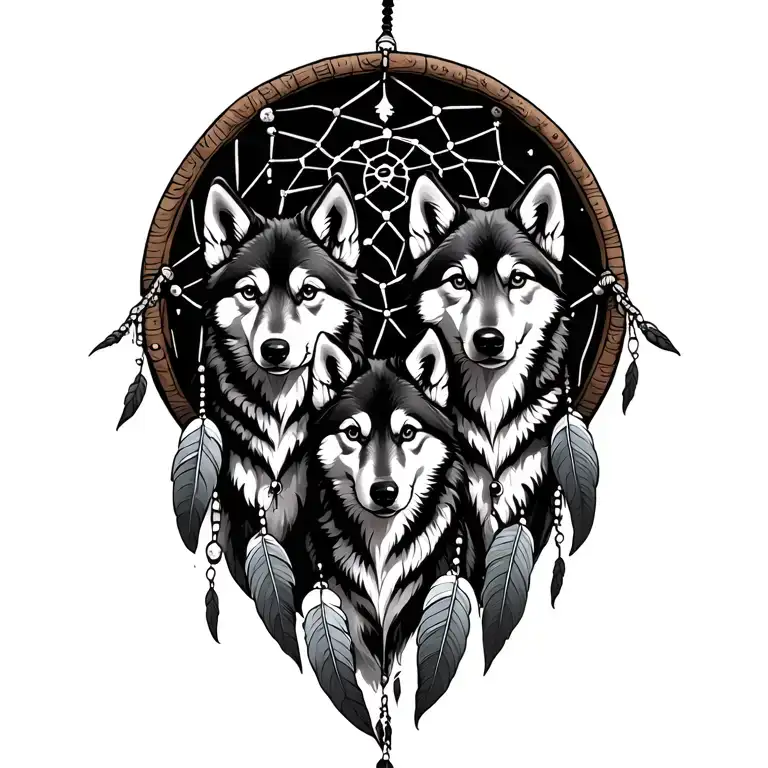Three wolf pups inside A Dream catcher tattoo design idea