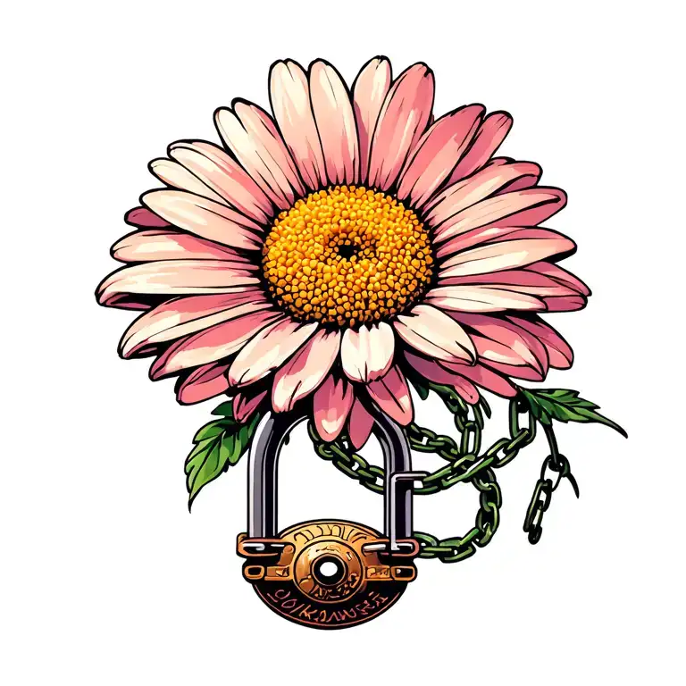 Chain and lock turning into gerbara daisy flower tattoo design idea