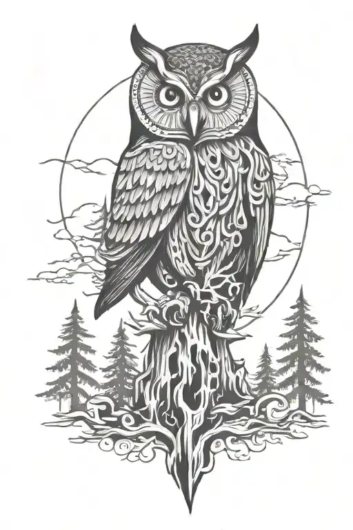 Nordic forest with owl and runes tattoo design idea