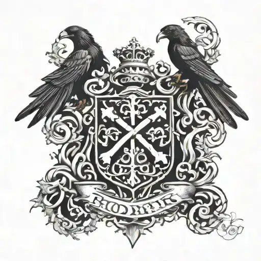 Rooker family crest tattoo incorporating castle rookery 6 crows Celtic cross tattoo design idea