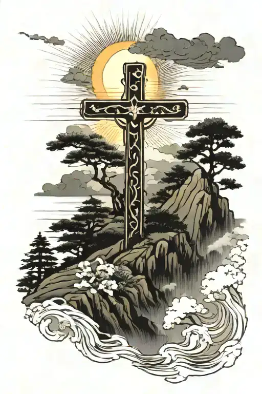 Cross on a hill with sun rays tattoo design idea