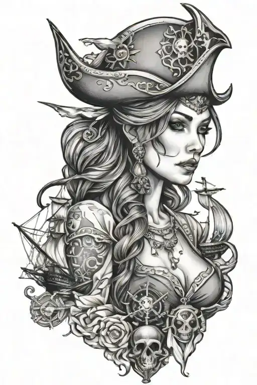 pirates and ships and beautiful woman tattoo design idea