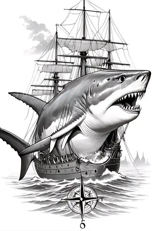 1 great white Shark with 3 mast Ship sailing with compass tattoo design idea