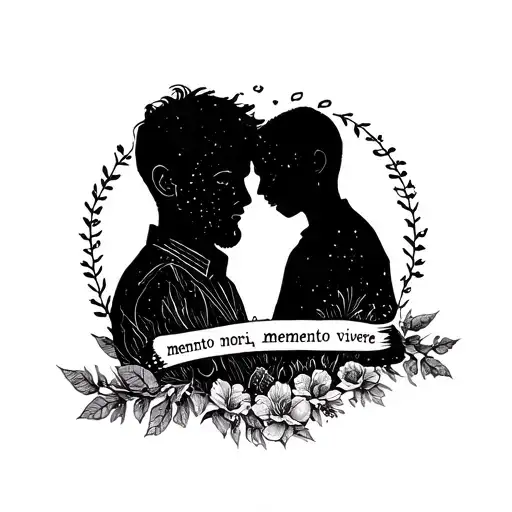A minimalist tattoo of a father and son silhouette with the words 'memento mori, memento vivere' underneath, symbolizing the importance of cherishing life and remembering death tattoo design idea