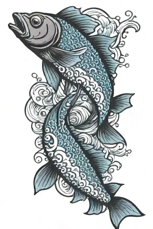 black sketch-style fish with blue japanese-style waves in the background  tattoo design idea