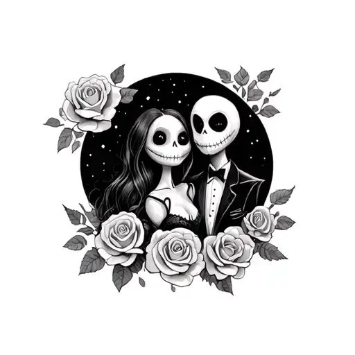 Jack and Sally with some roses and the moon and the oogie boogie in it  tattoo design idea