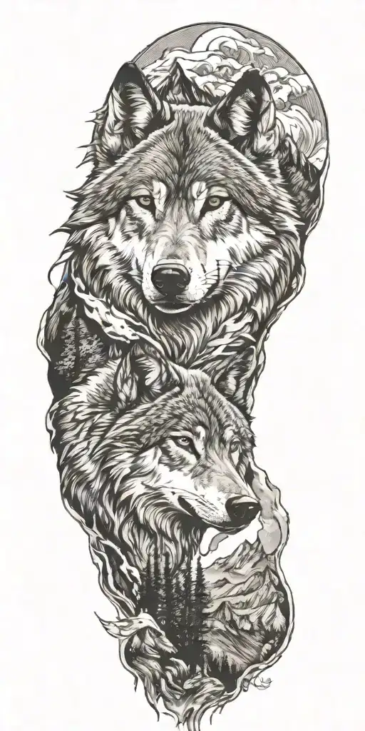 wolf and mountains tattoo design idea