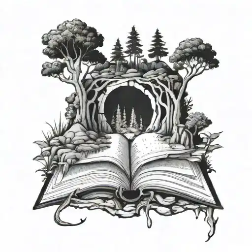 open book with a cave and surronding forest scene tattoo design idea