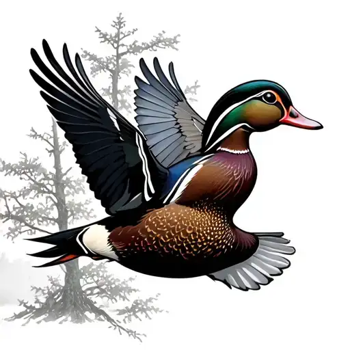 wood duck flying in trees tattoo design idea