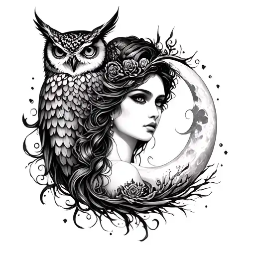 nyx goddess with moon and owl tattoo design idea
