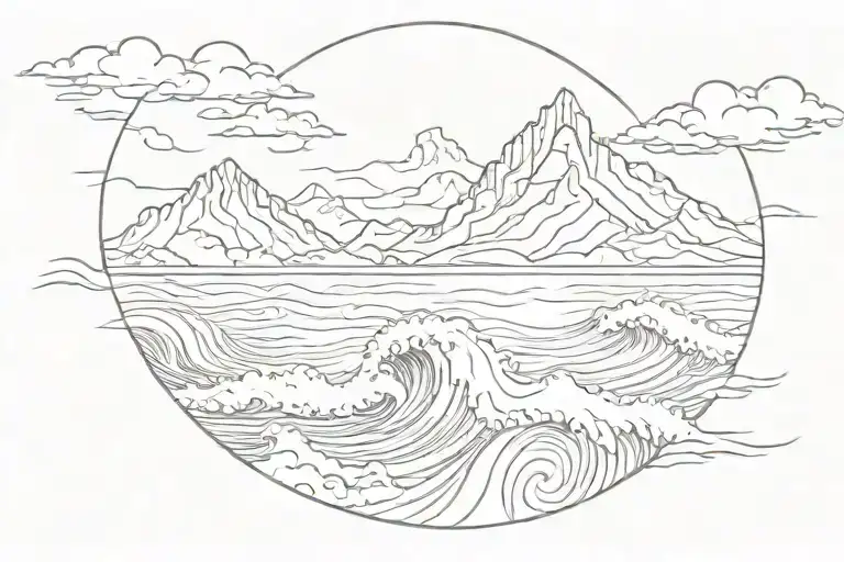 ocean waves, mountain scene tattoo design idea