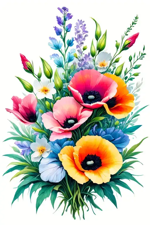 poppies and gladiolus flower bouquet tattoo design idea