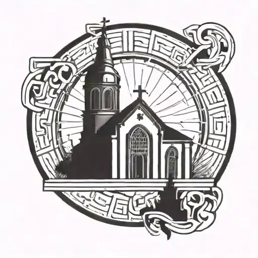A geometric representation of the five solas of the Reformation with a silhouette of a historic church in the background tattoo design idea