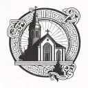 A geometric representation of the five solas of the Reformation with a silhouette of a historic church in the background tattoo design idea