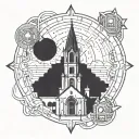 A geometric representation of the five solas of the Reformation with a silhouette of a historic church in the background tattoo design idea