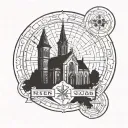 A geometric representation of the five solas of the Reformation with a silhouette of a historic church in the background tattoo design idea