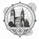 A geometric representation of the five solas of the Reformation with a silhouette of a historic church in the background tattoo design idea