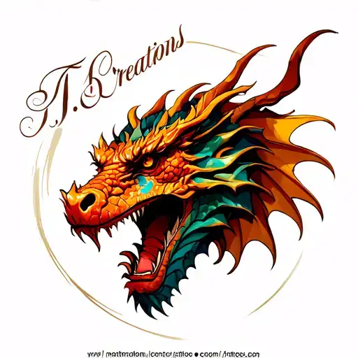 "T.B. Creations" dragon head text centered tattoo design idea