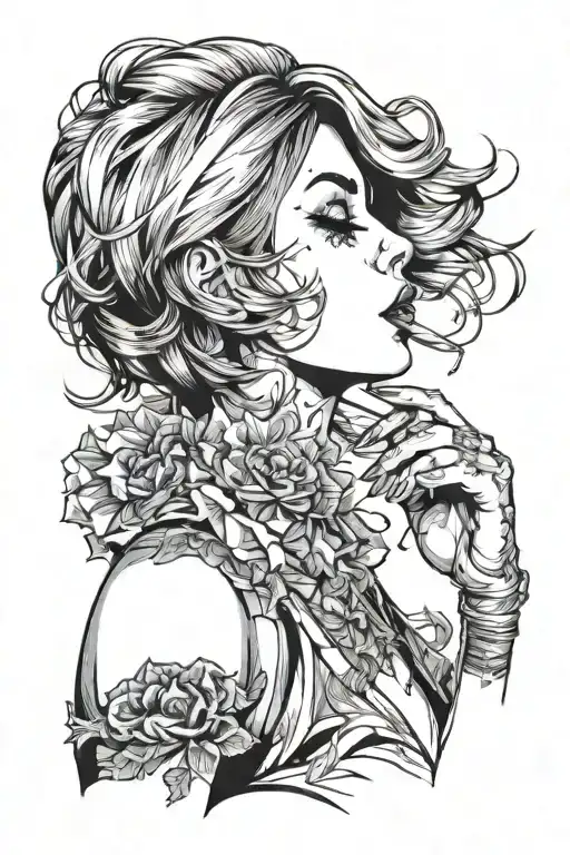 Sexy girl, Huge cleavage, petite, torn clothing, short white bob hairstyle, smoking a cigarette in mouth, side view tattoo design idea
