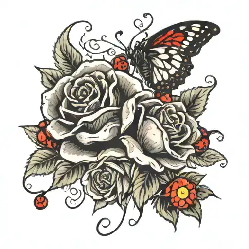 black red roses butterflies ladybugs writing names tattoo design idea
