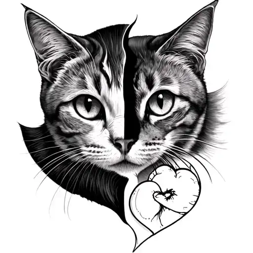 small and simple tattoo, black and white - half cat's head, the other half human heart tattoo design idea