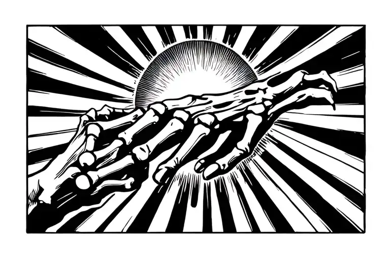 skeleton hand reaching for human hand with sun in background  tattoo design idea