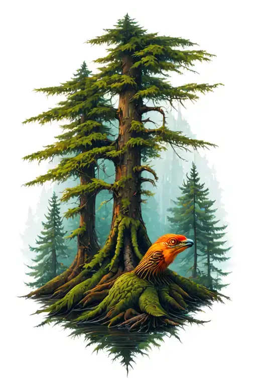 PNW forest with hidden creatures tattoo design idea