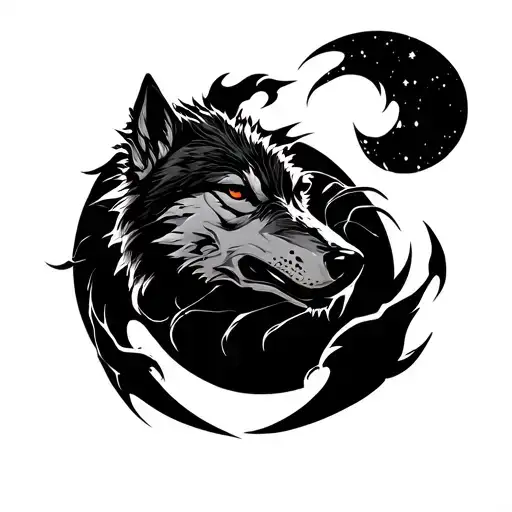 Wolf fire black scorpion moon tattoo design idea