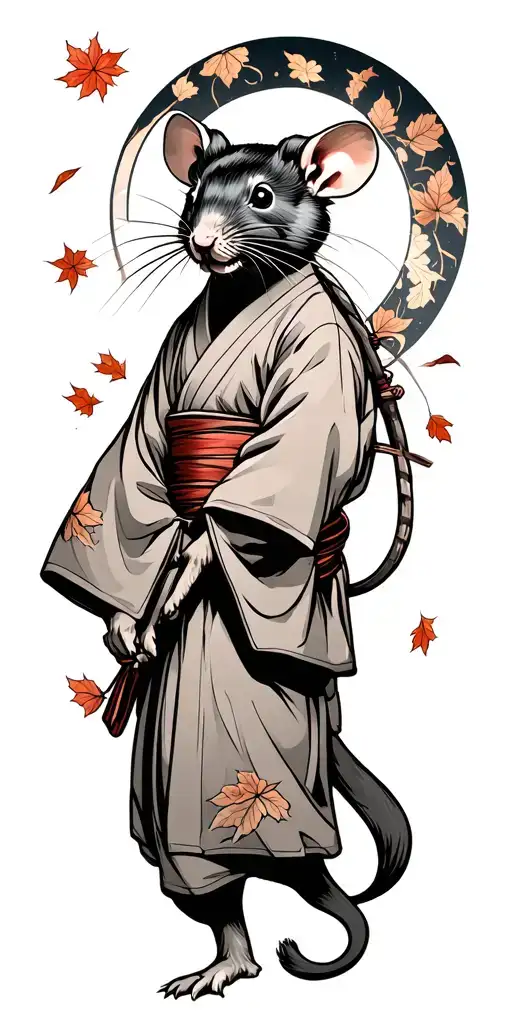 Sketch tattoo sleeve in the style of Japan with an old ninja rat in a kimono and falling leaves tattoo design idea
