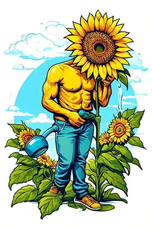 Sunflower Man watering himself tattoo design idea