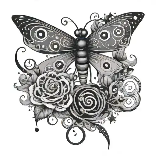 Coraline dragonfly, hungry Caterpillar, stars and swirls minimal  tattoo design idea