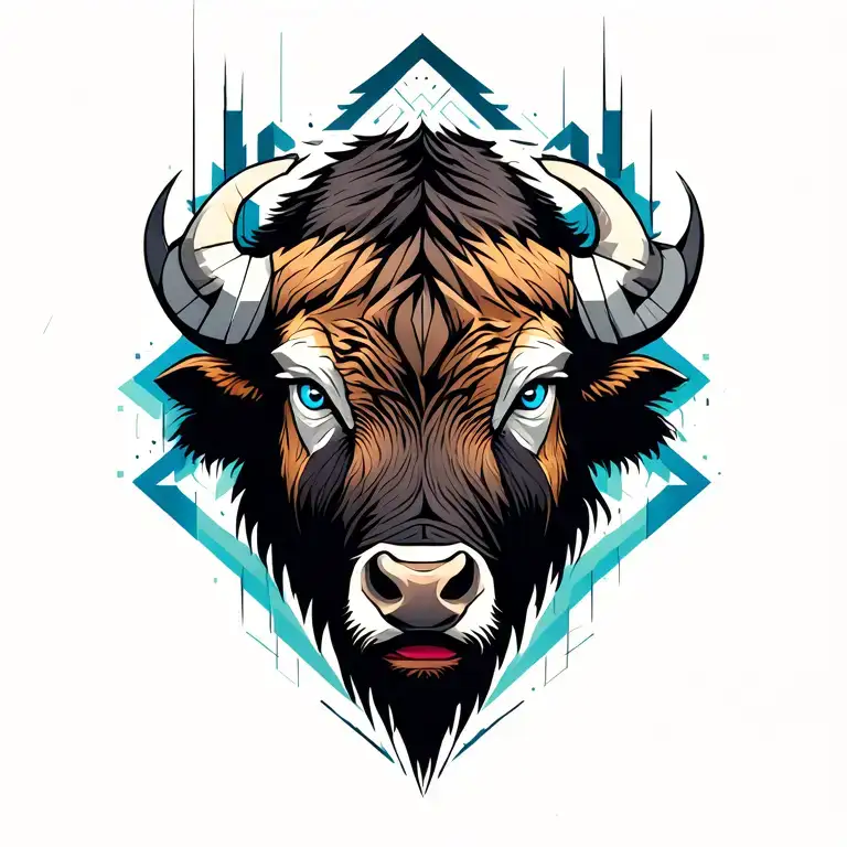 bison head with blue eyes surrounded with geometric patterns in the background tattoo design idea