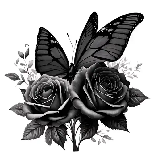 Black roses and black butterflies tattoo design idea