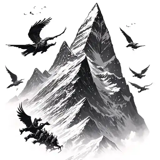 mount matterhorn with valkyries flying up and down carrying dead viking soldiers tattoo design idea