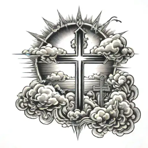 sun clouds and 3 crosses tattoo design idea