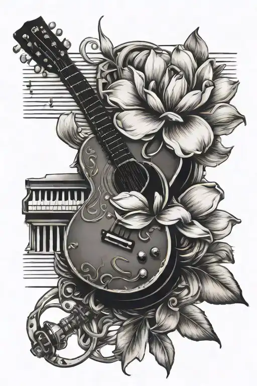 magnolia flower, guitar neck, old microphone, trebble cleft, piano keys, cross. tattoo design idea