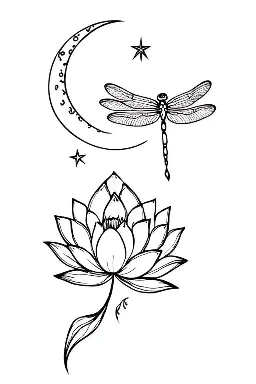 lotus flower, dragonfly, moon star tattoo design idea