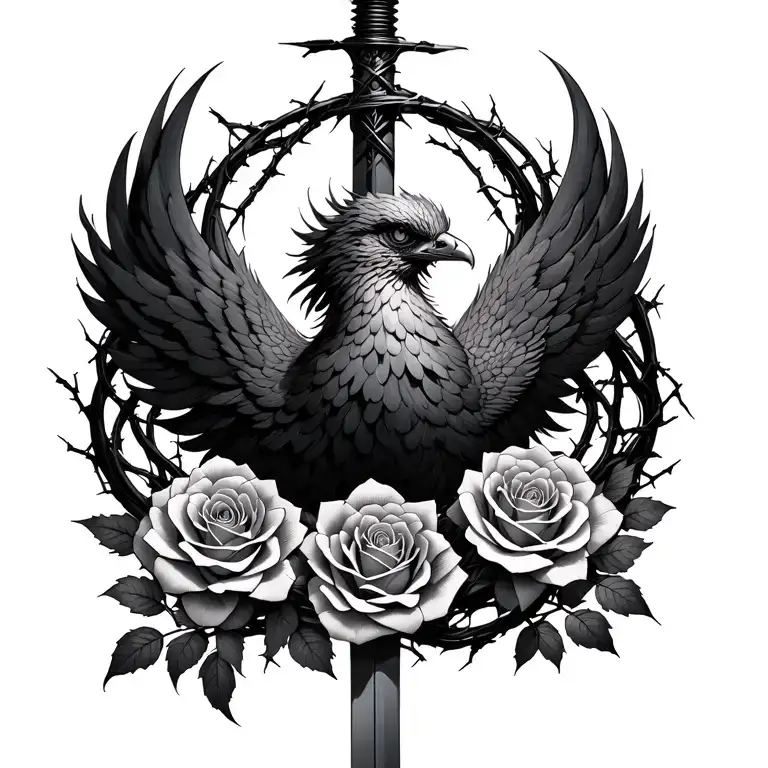 OuroborosRosesBarbed wireSmall phoenix with calm eyesSword wrapped in vinesKanji for ‘Flow’ (流 - Ryū)Minimal tattoo design idea