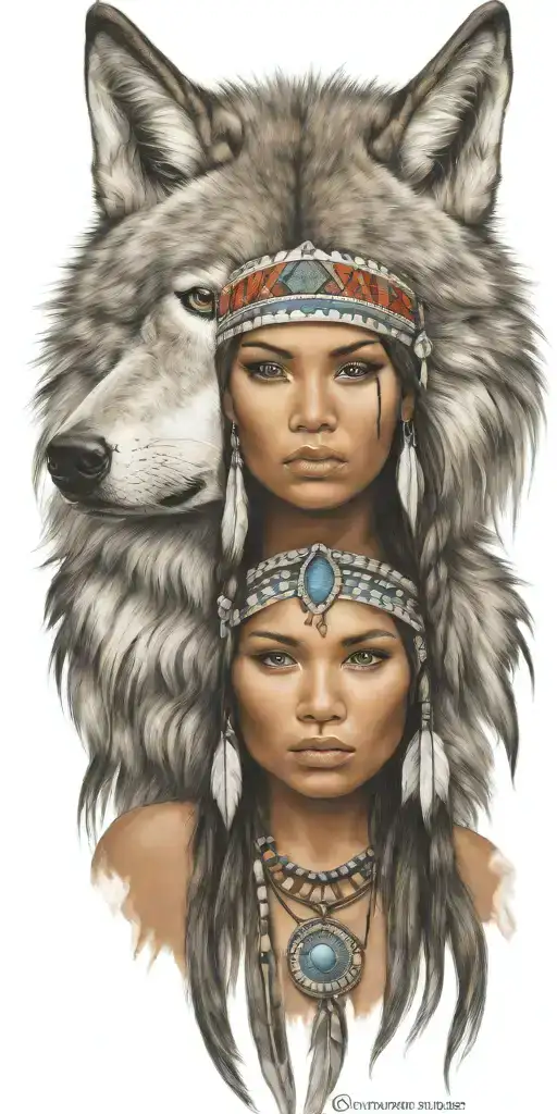 young adorable navajo woman full body head dress wolf tattoo design idea