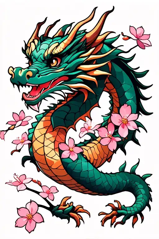 dainty Japanese dragon with cherry blossoms tattoo design idea