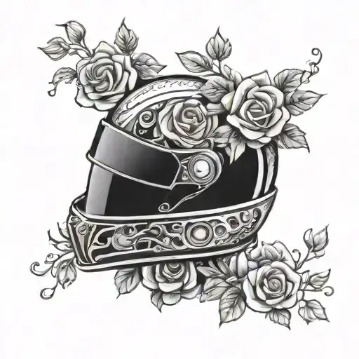 modern Racing helmet surrounded by roses and tiresmoke tattoo design idea