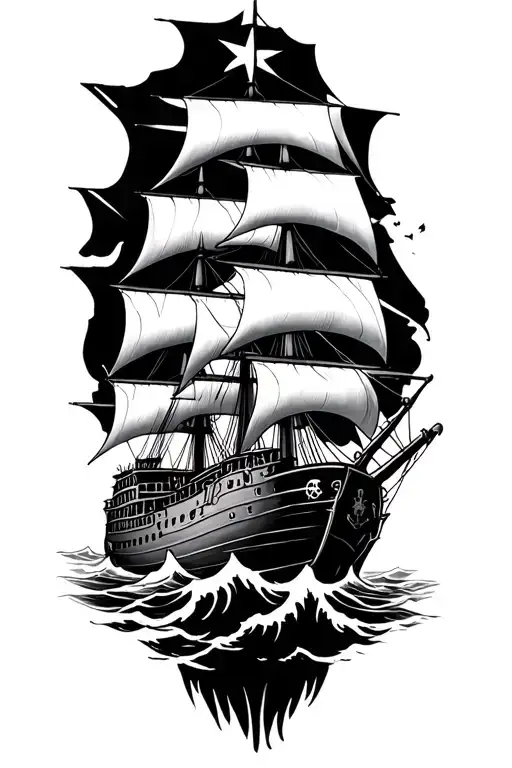 ghost pirate ship through rough Waters cutting through nautical star tattoo design idea