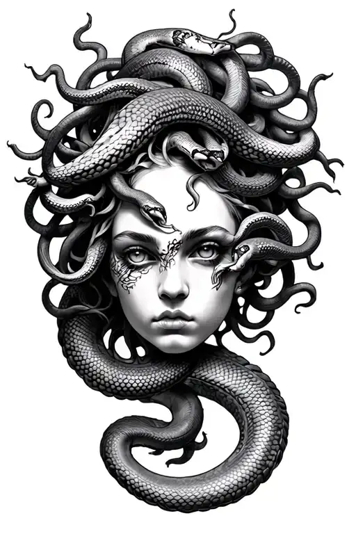 Medusa snakes on head, realistic, detailed tattoo design idea