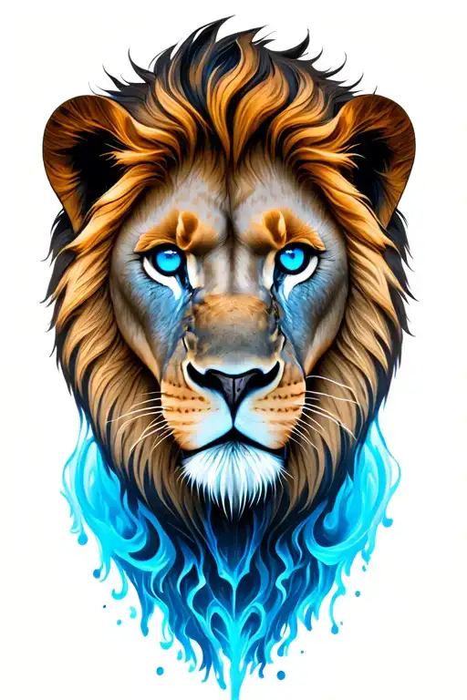 lion with blue eyes and loyalty at the bottom in blue tattoo design idea